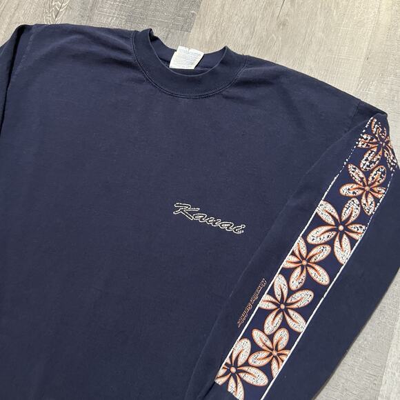 VTG Kauai Hawaiian Surfrider Long Sleeve T Shirt Blue Floral Surf Beach T Shirt - Picture 3 of 5
